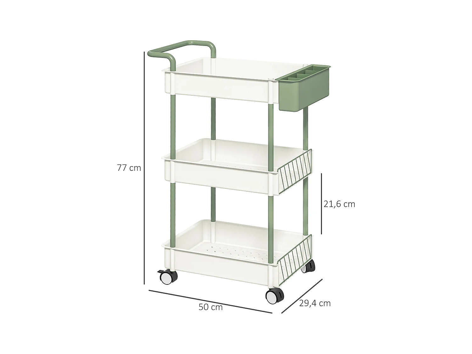 Opbergtrolley met 3 planken en hangmand, metaal, wit (50x29,4x77 cm)