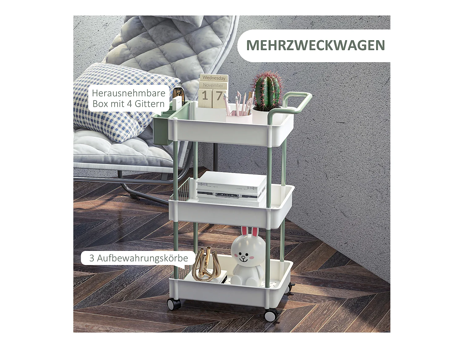 Opbergtrolley met 3 planken en hangmand, metaal, wit (50x29,4x77 cm)