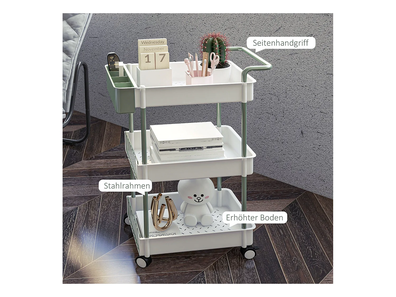 Opbergtrolley met 3 planken en hangmand, metaal, wit (50x29,4x77 cm)