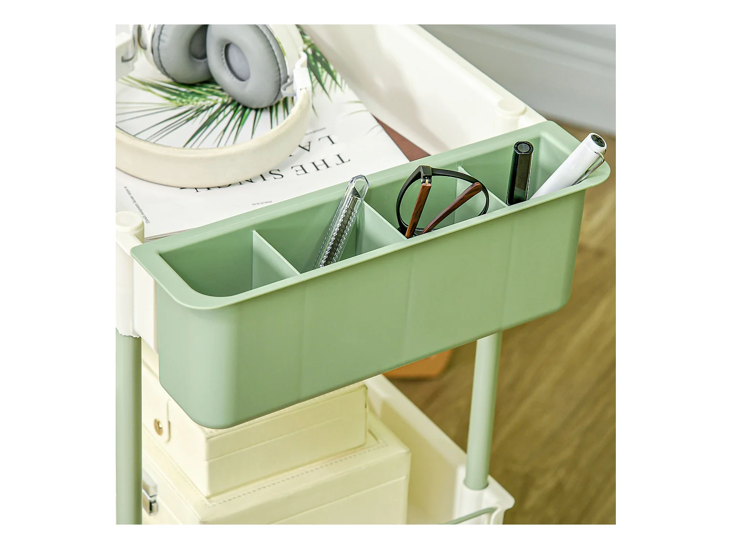 Opbergtrolley met 3 planken en hangmand, metaal, wit (50x29,4x77 cm)