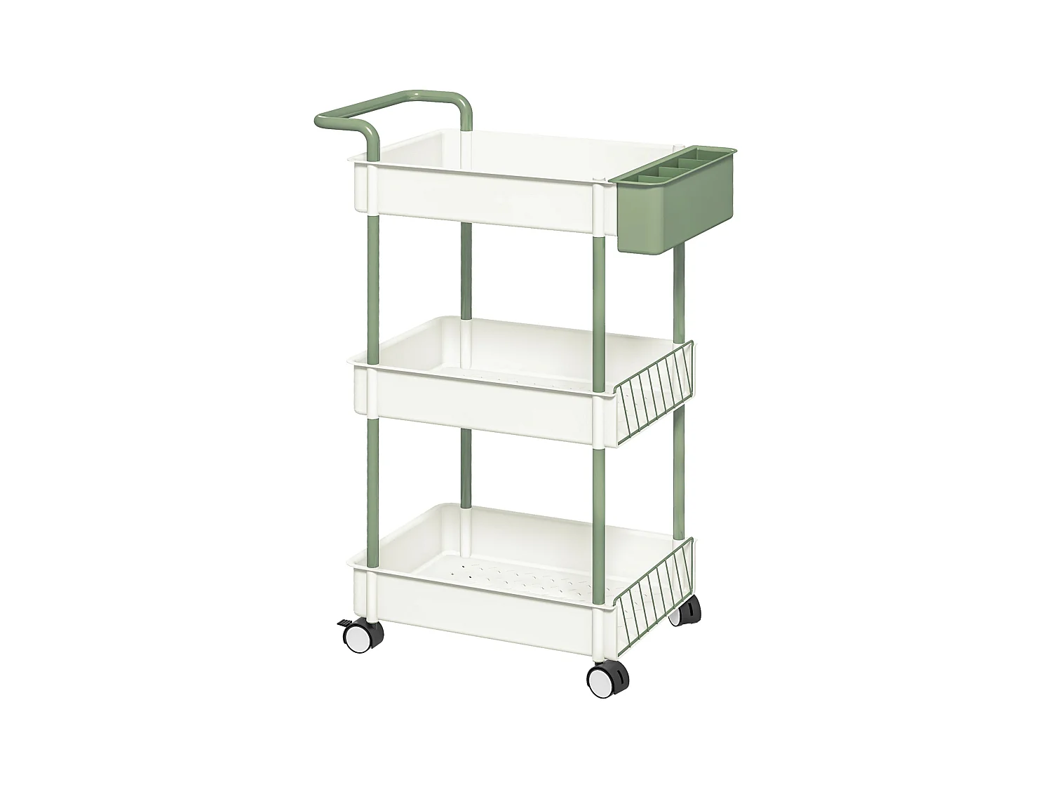Chariot de rangement avec 3 étagères et panier suspendu, métal, blanc (50x29.4x77 cm)