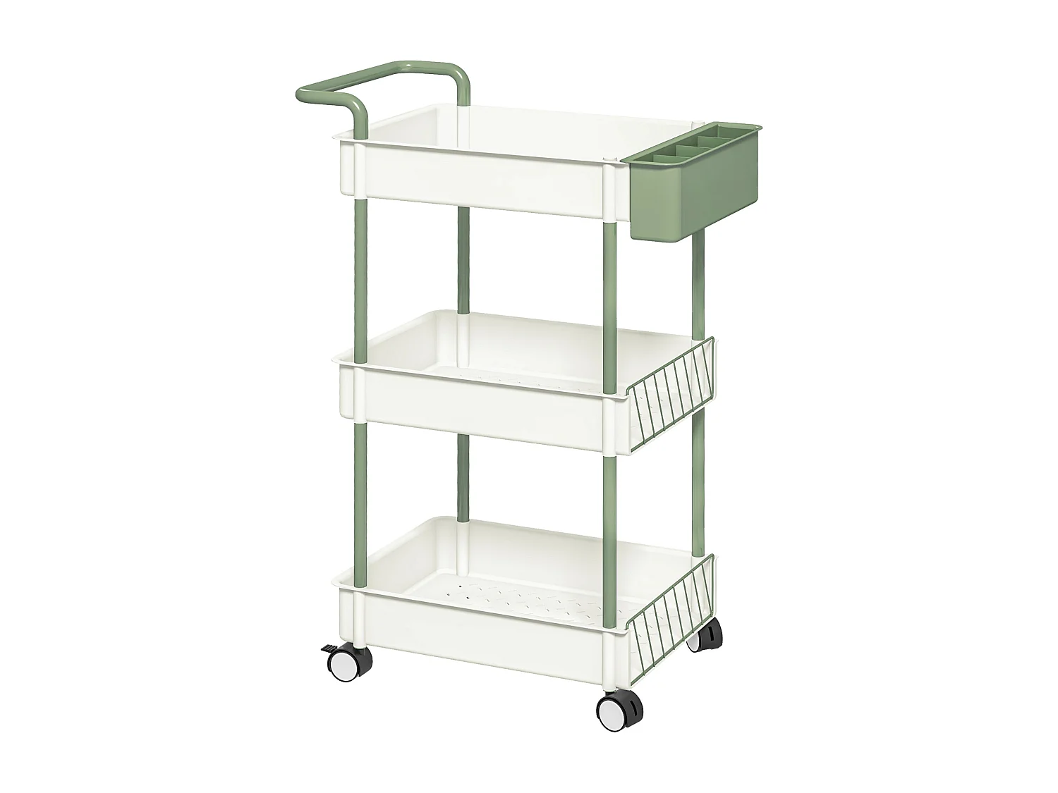 Chariot de rangement avec 3 étagères et panier suspendu, métal, blanc (50x29.4x77 cm)