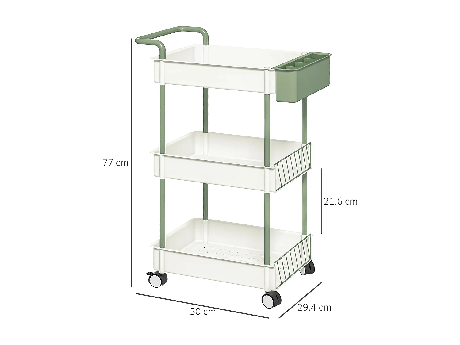 Chariot de rangement avec 3 étagères et panier suspendu, métal, blanc (50x29.4x77 cm)
