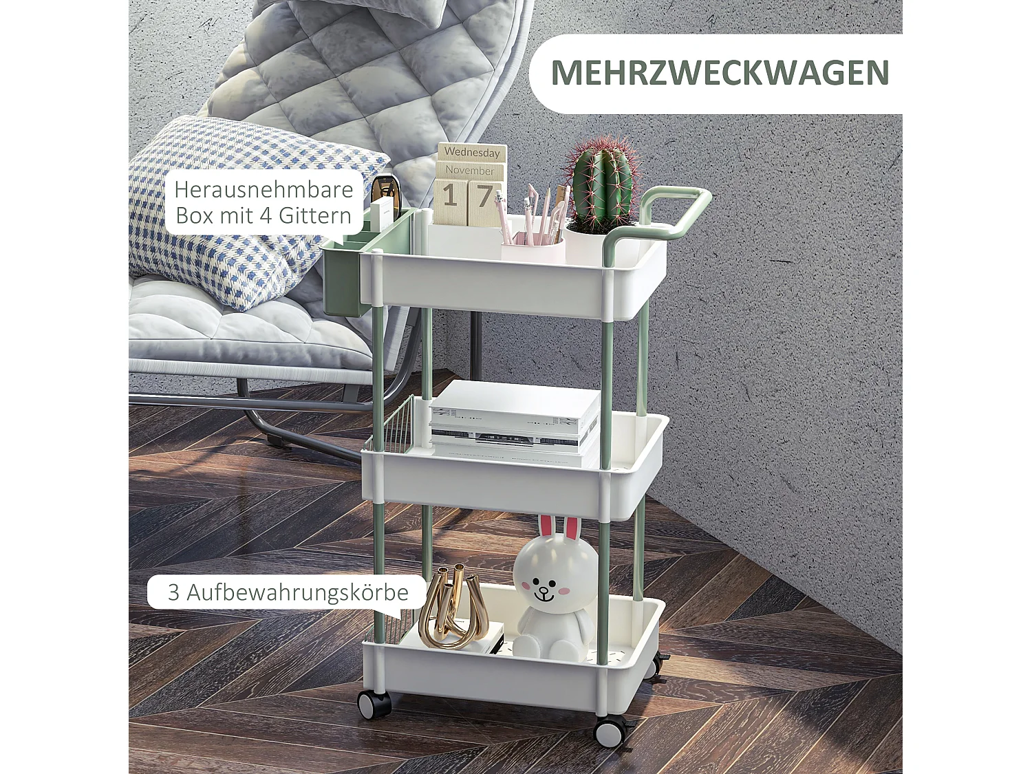 Chariot de rangement avec 3 étagères et panier suspendu, métal, blanc (50x29.4x77 cm)