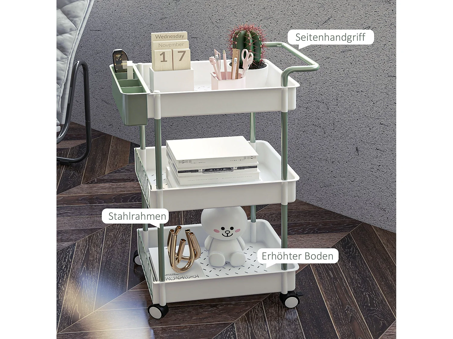 Chariot de rangement avec 3 étagères et panier suspendu, métal, blanc (50x29.4x77 cm)