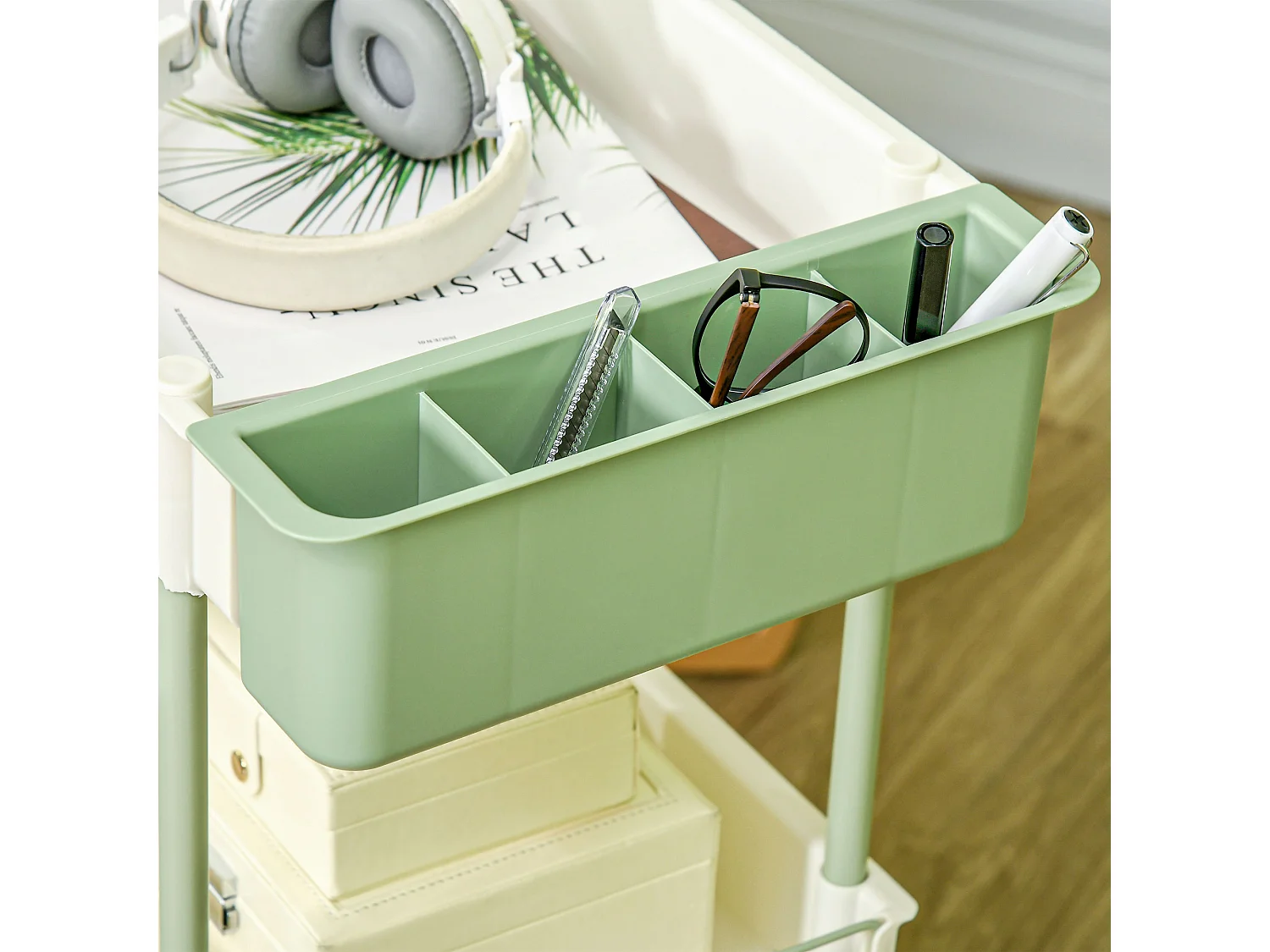 Chariot de rangement avec 3 étagères et panier suspendu, métal, blanc (50x29.4x77 cm)