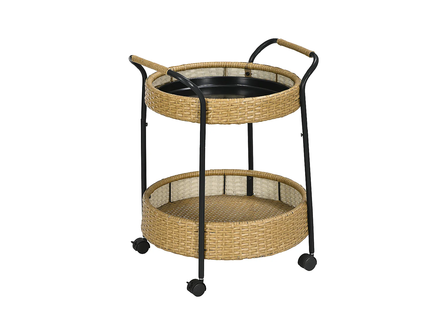 Chariot de service rond avec 2 étagères, rotin naturel, cadre métal, roues avec freins, jaune (50x50x66cm)