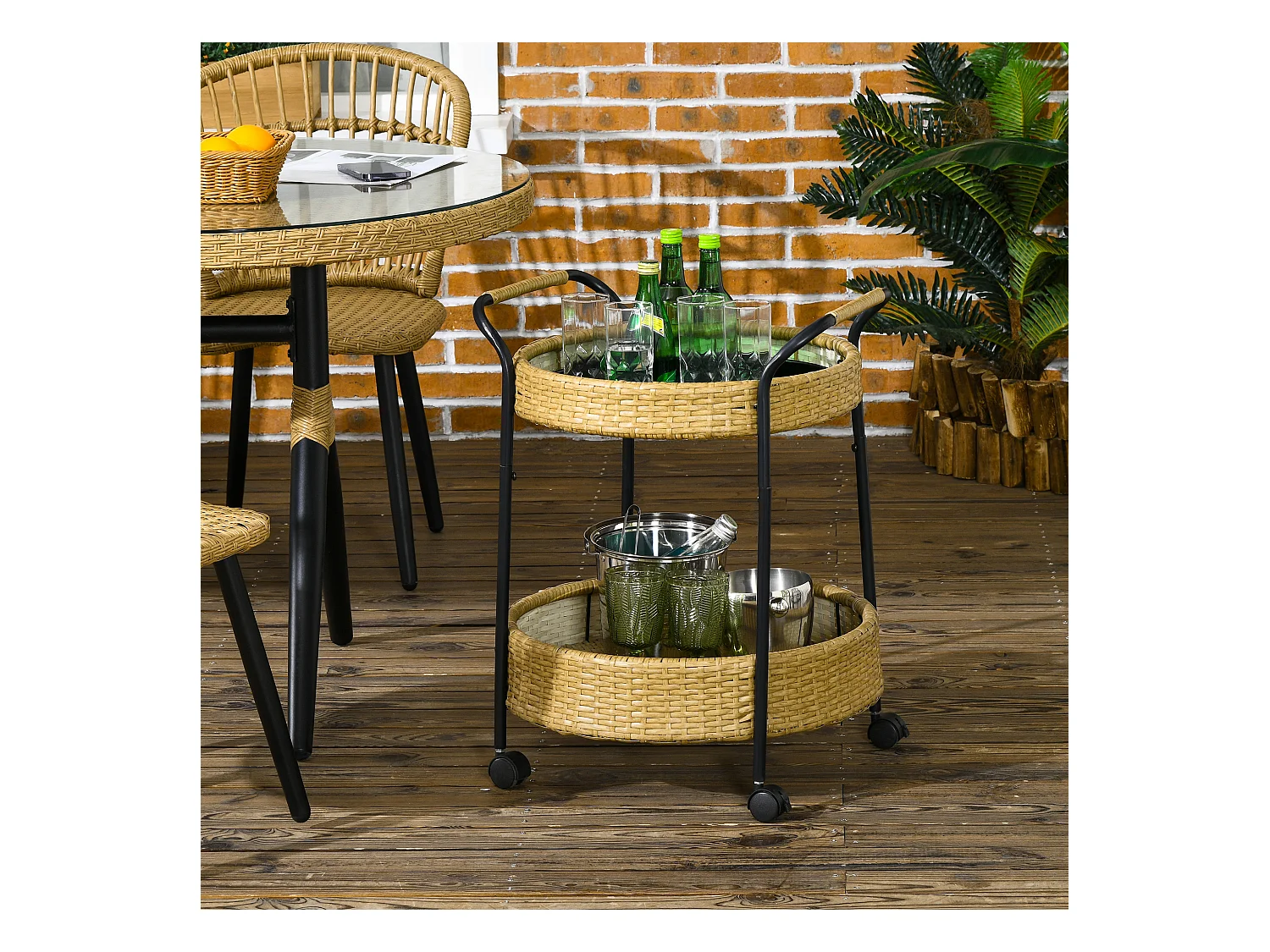 Chariot de service rond avec 2 étagères, rotin naturel, cadre métal, roues avec freins, jaune (50x50x66cm)