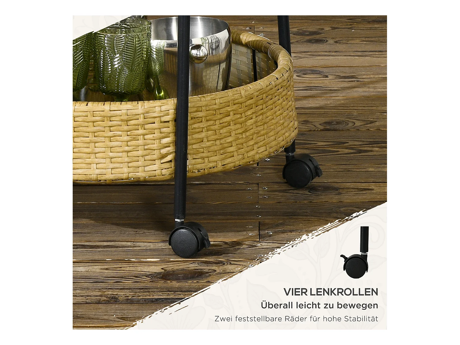 Chariot de service rond avec 2 étagères, rotin naturel, cadre métal, roues avec freins, jaune (50x50x66cm)