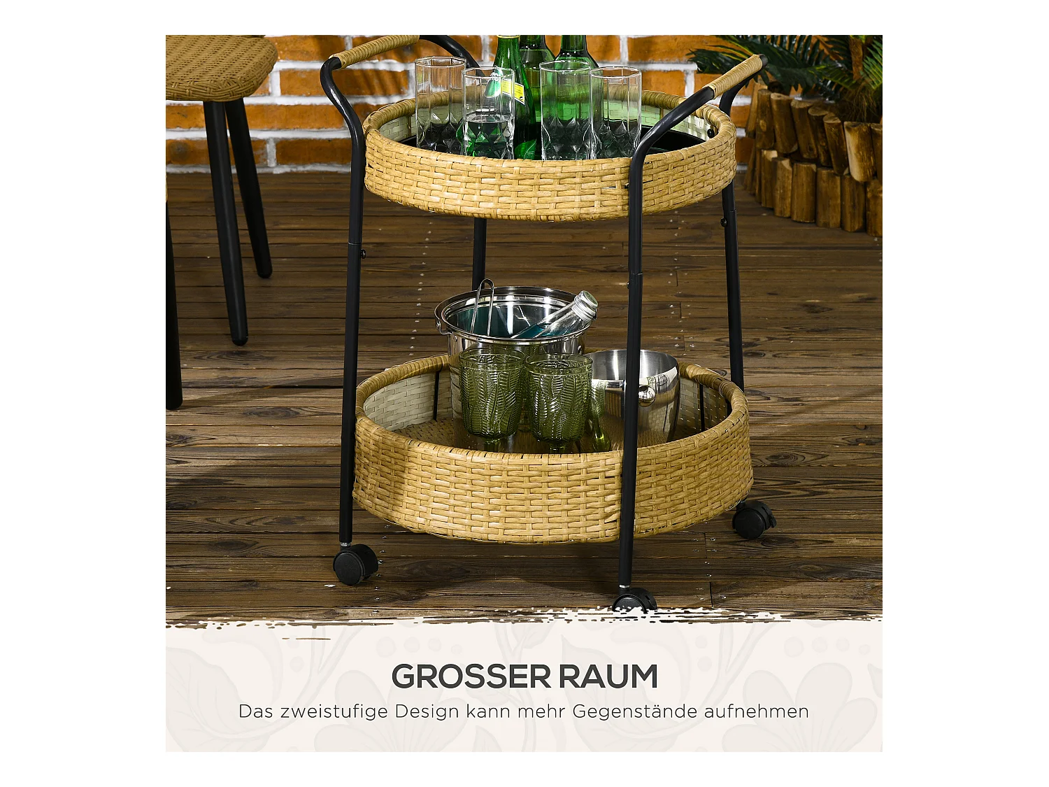 Chariot de service rond avec 2 étagères, rotin naturel, cadre métal, roues avec freins, jaune (50x50x66cm)