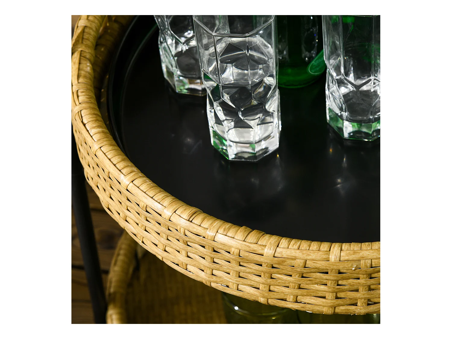 Chariot de service rond avec 2 étagères, rotin naturel, cadre métal, roues avec freins, jaune (50x50x66cm)