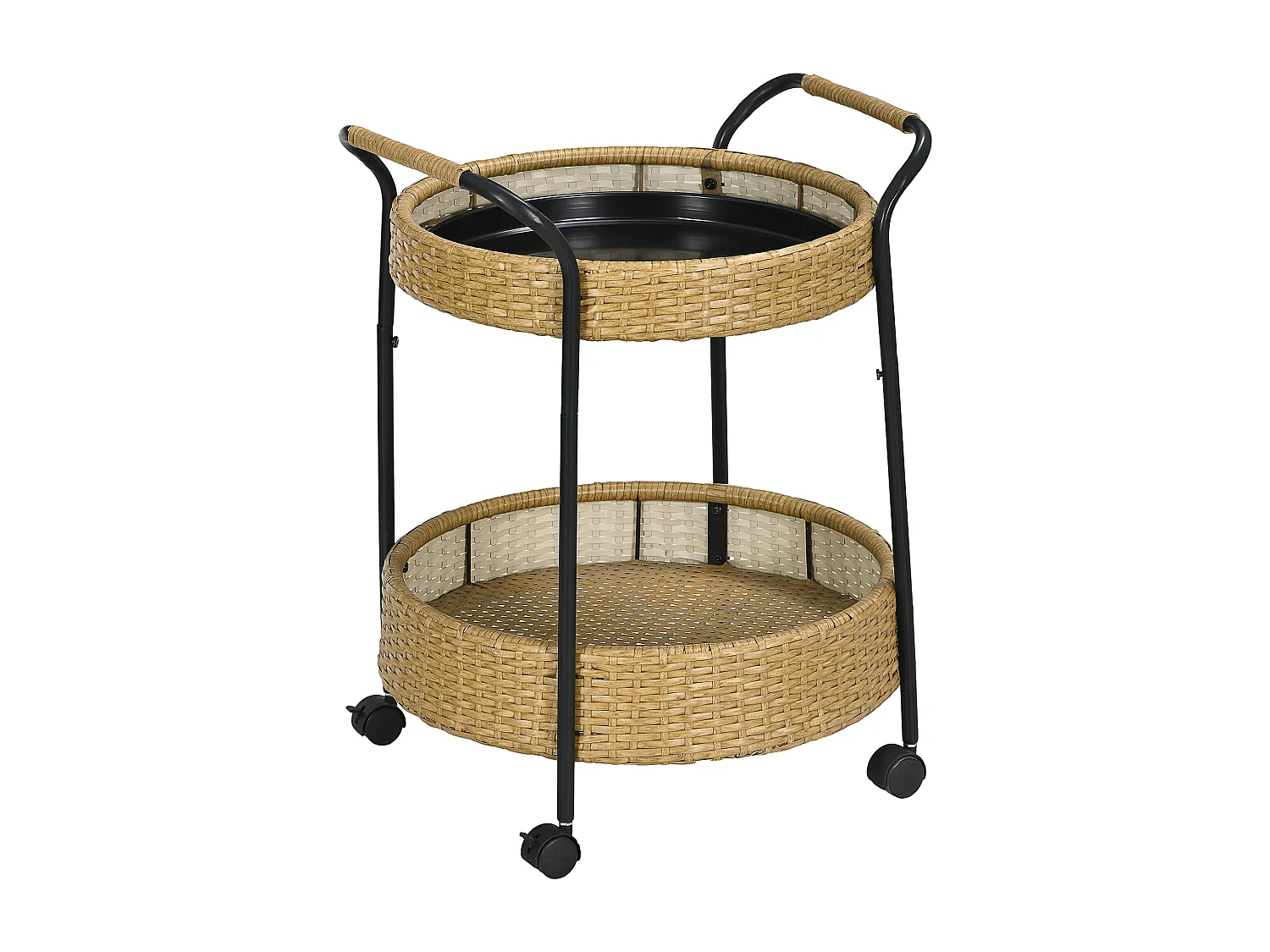Carrello di servizio rotondo con 2 ripiani, rattan naturale, struttura in metallo, ruote con freno, giallo (50x50x66cm)
