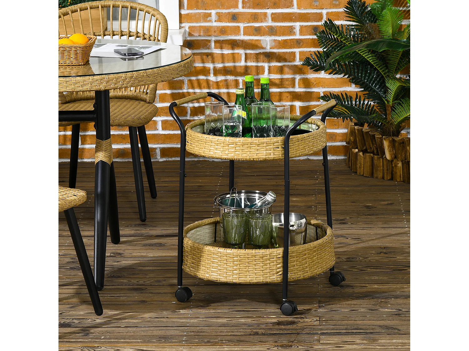 Carrello di servizio rotondo con 2 ripiani, rattan naturale, struttura in metallo, ruote con freno, giallo (50x50x66cm)