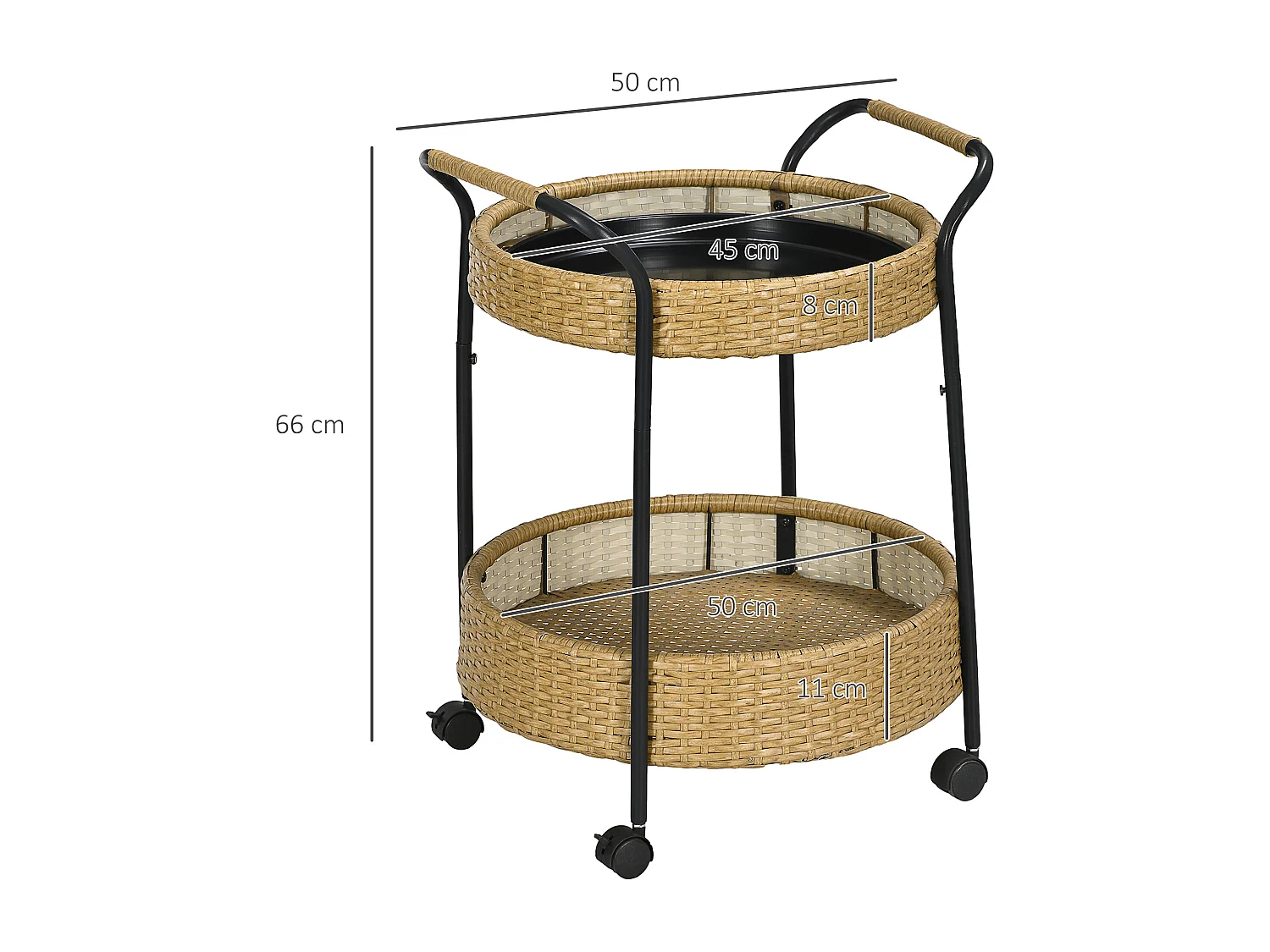 Carrello di servizio rotondo con 2 ripiani, rattan naturale, struttura in metallo, ruote con freno, giallo (50x50x66cm)