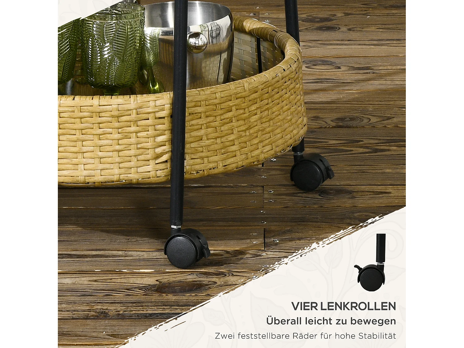 Carrello di servizio rotondo con 2 ripiani, rattan naturale, struttura in metallo, ruote con freno, giallo (50x50x66cm)