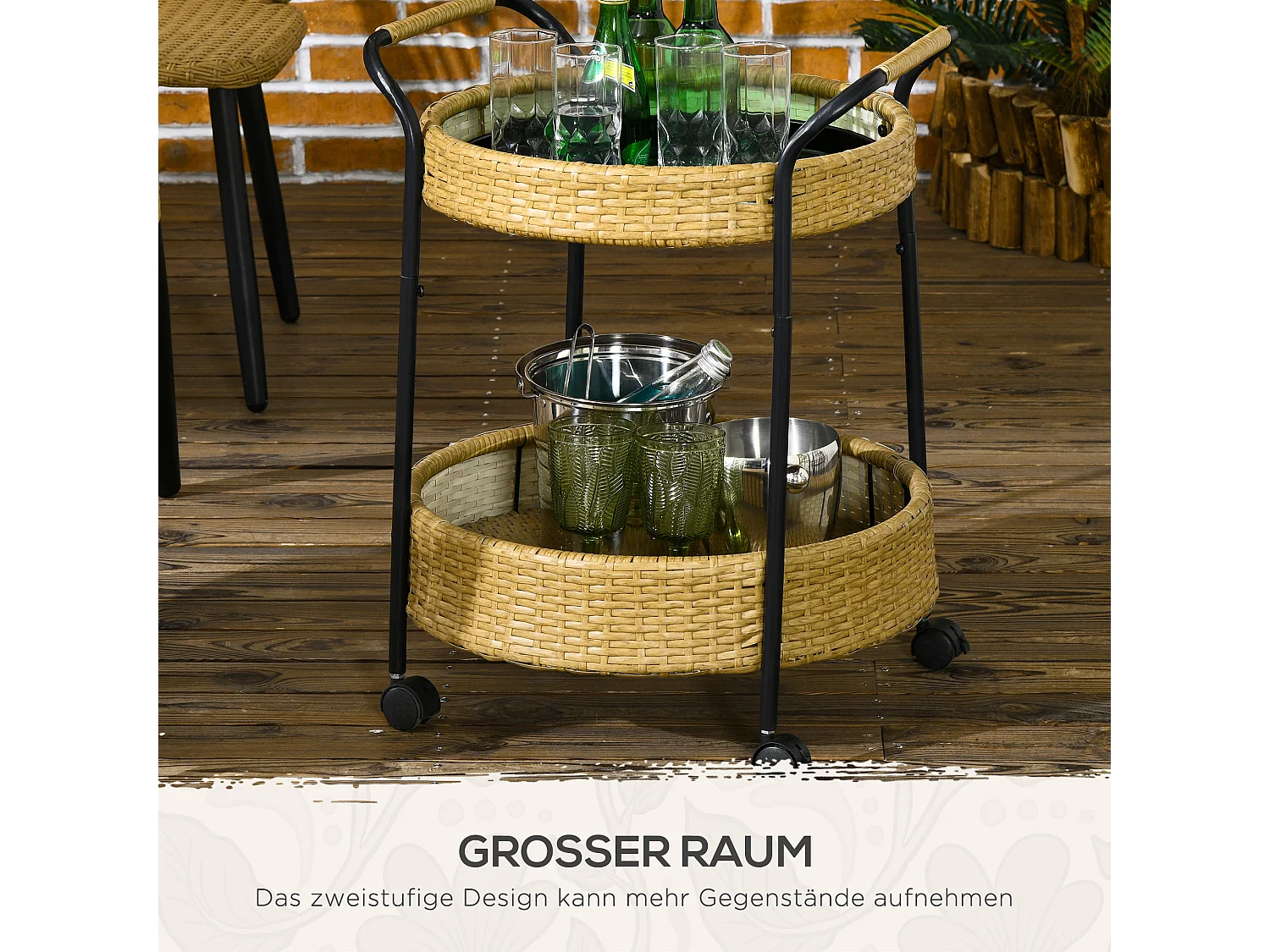 Carrello di servizio rotondo con 2 ripiani, rattan naturale, struttura in metallo, ruote con freno, giallo (50x50x66cm)