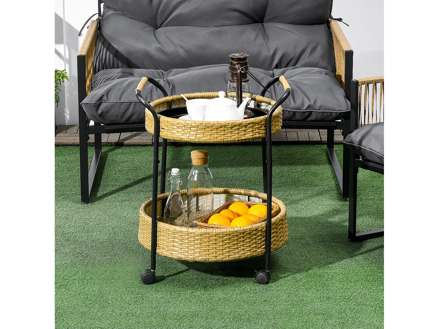 Carrello di servizio rotondo con 2 ripiani, rattan naturale, struttura in metallo, ruote con freno, giallo (50x50x66cm)