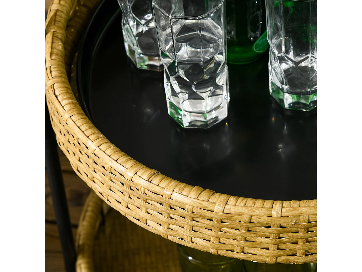 Carrello di servizio rotondo con 2 ripiani, rattan naturale, struttura in metallo, ruote con freno, giallo (50x50x66cm)