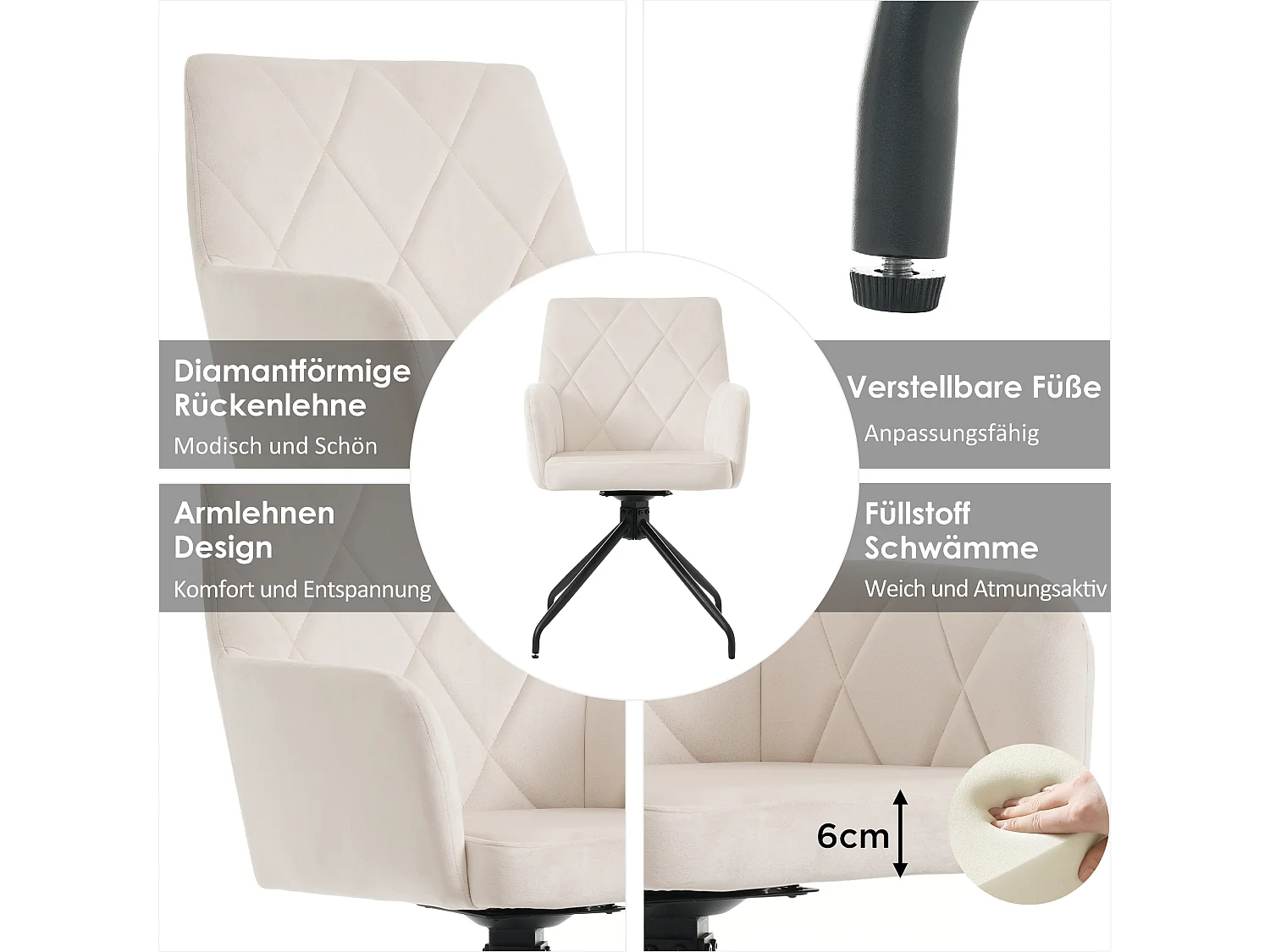 Chaises Pivotantes 360° pour Salle à Manger, avec Dossier Rembourré, 4 Pieds Métalliques, Velours, Beige