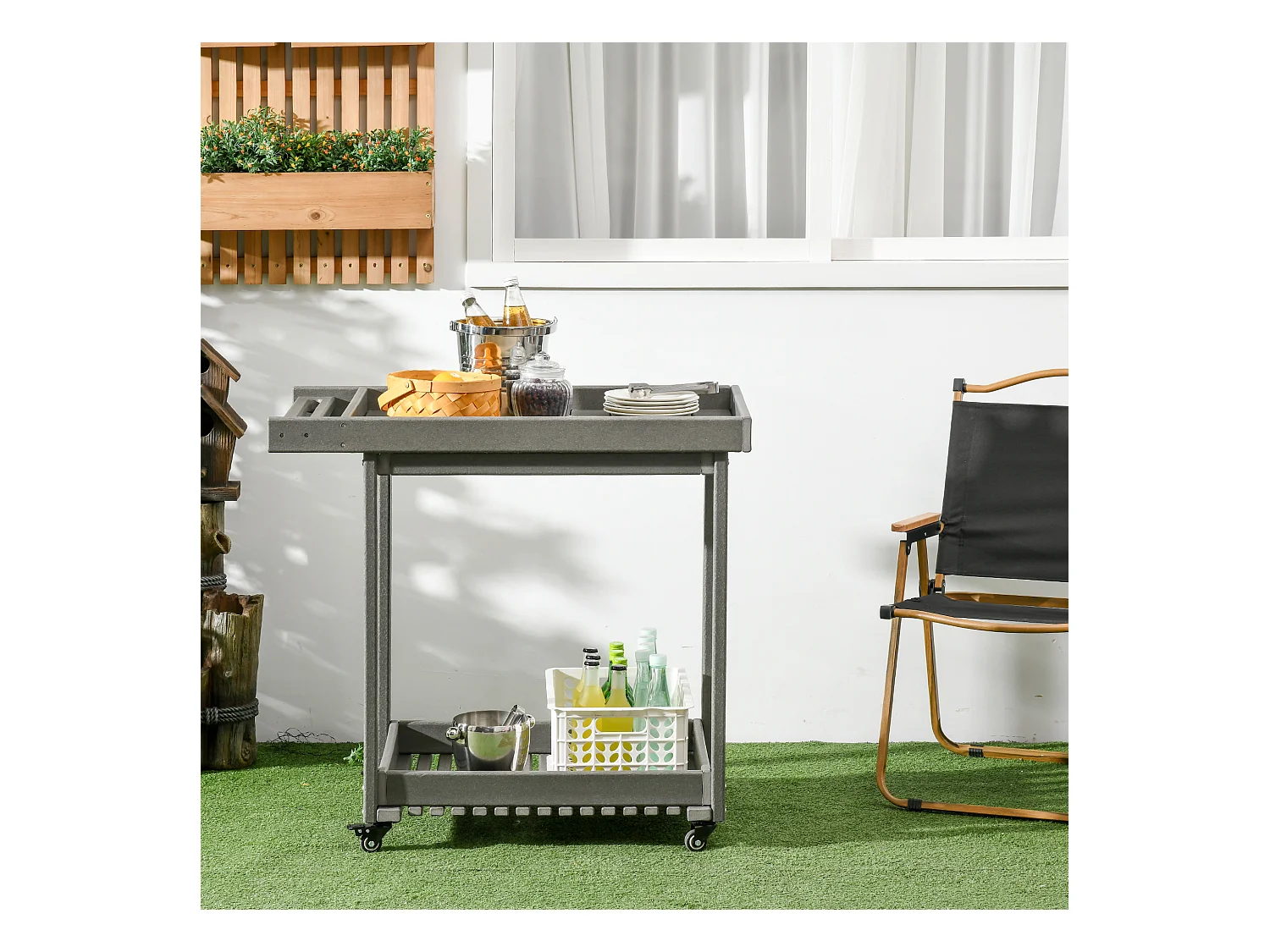 Chariot de service barbecue avec porte-serviettes, métal, gris foncé, 2 étagères, (87x50x80 cm)