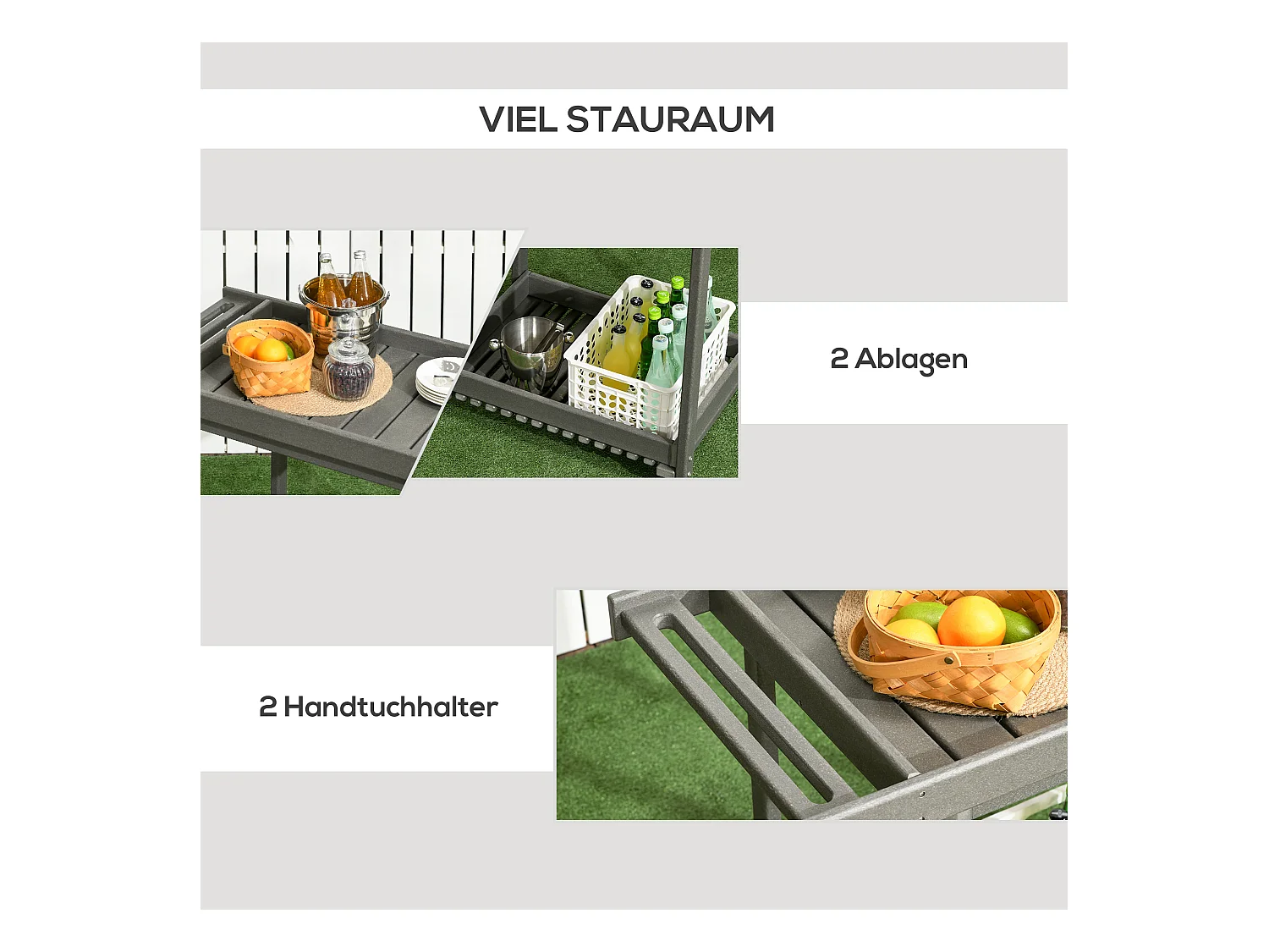 Chariot de service barbecue avec porte-serviettes, métal, gris foncé, 2 étagères, (87x50x80 cm)