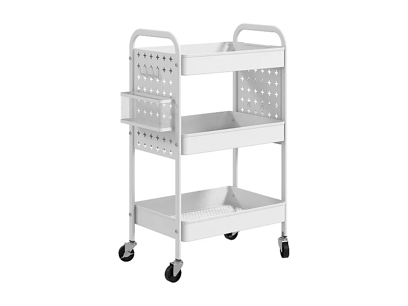Carrello di servizio, 3 ripiani, 2 cestini appesi, acciaio, bianco (53,5x30,5x75 cm)