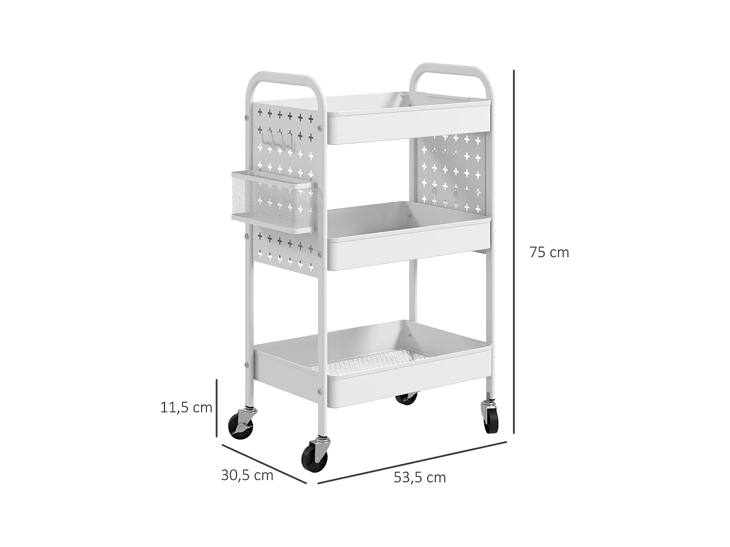 Serveerwagen, 3 planken, 2 hangmanden, staal, wit (53,5x30,5x75 cm)
