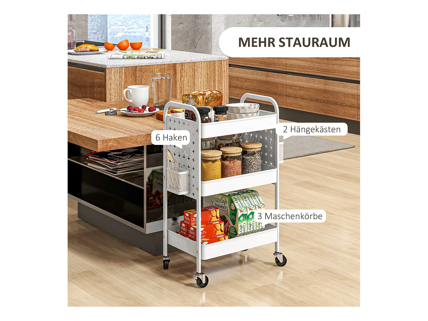 Serveerwagen, 3 planken, 2 hangmanden, staal, wit (53,5x30,5x75 cm)