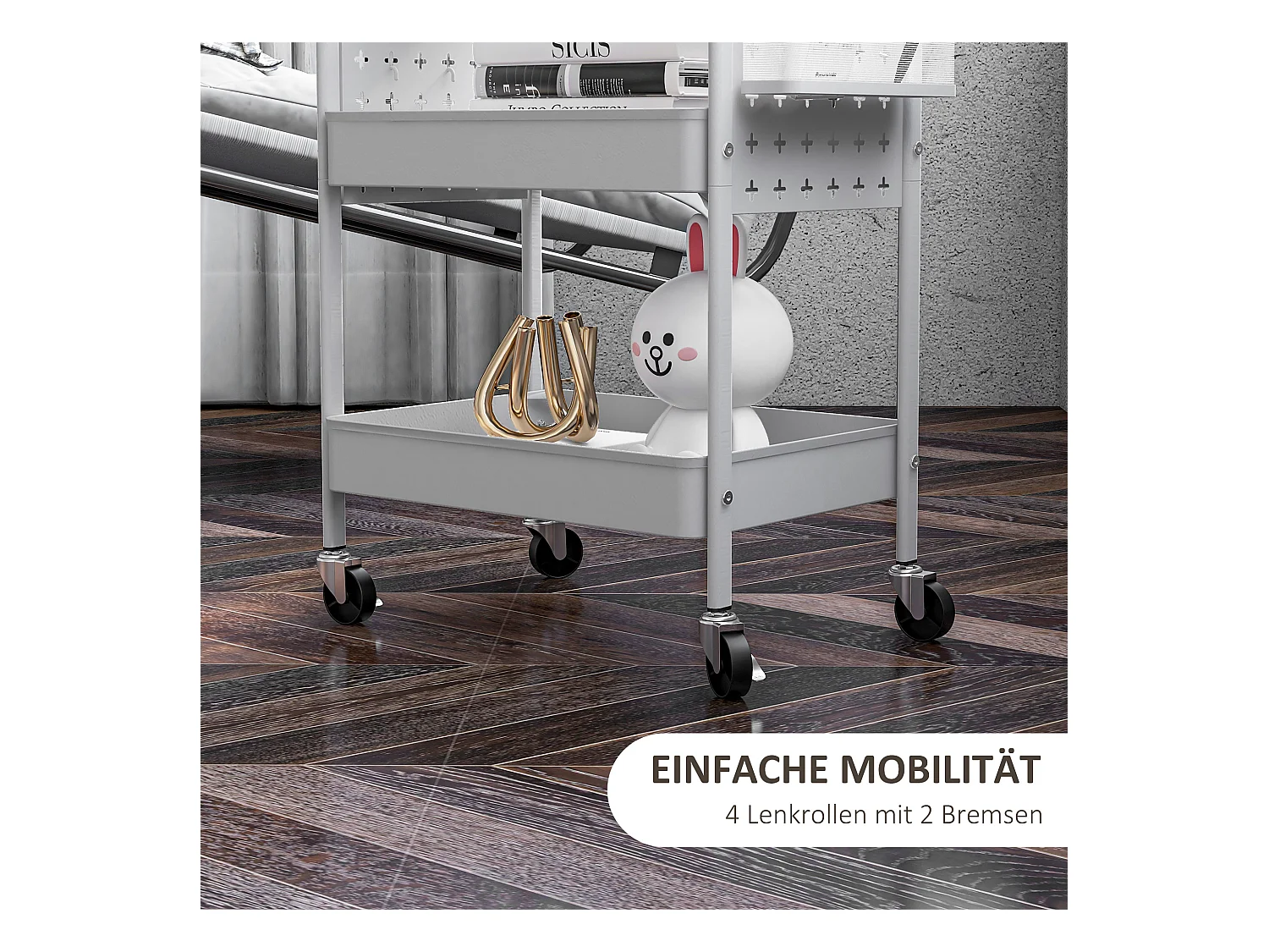 Serveerwagen, 3 planken, 2 hangmanden, staal, wit (53,5x30,5x75 cm)