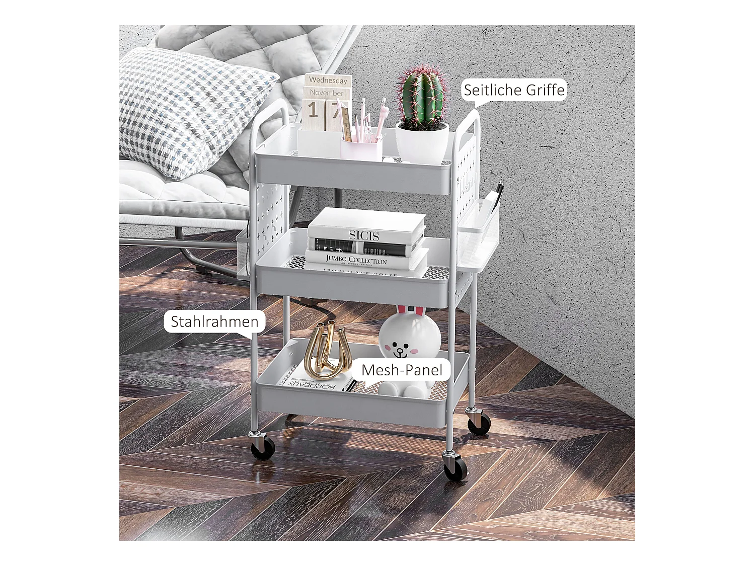 Serveerwagen, 3 planken, 2 hangmanden, staal, wit (53,5x30,5x75 cm)