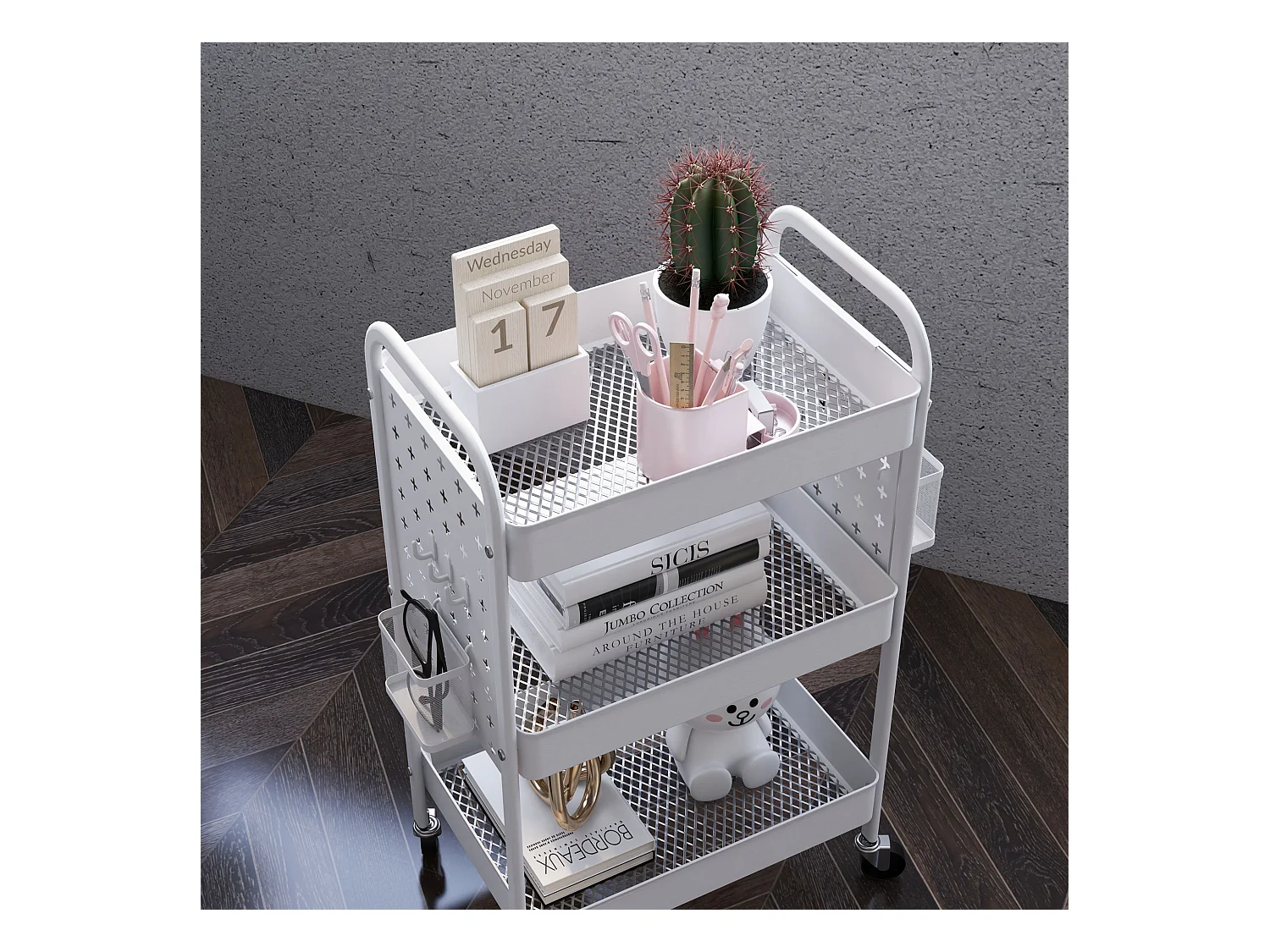 Serveerwagen, 3 planken, 2 hangmanden, staal, wit (53,5x30,5x75 cm)