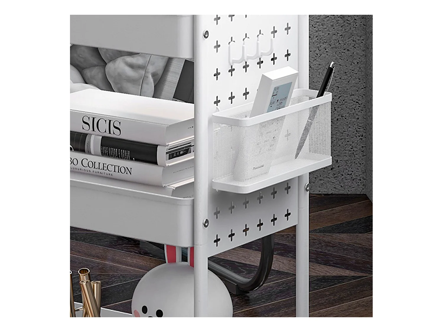 Serveerwagen, 3 planken, 2 hangmanden, staal, wit (53,5x30,5x75 cm)