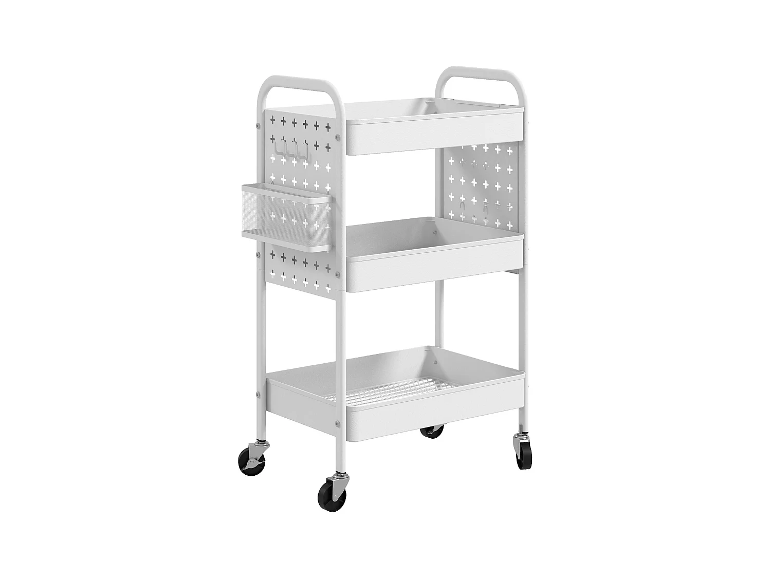Chariot de service, 3 étagères, 2 paniers suspendus, acier, blanc (53.5x30.5x75 cm)
