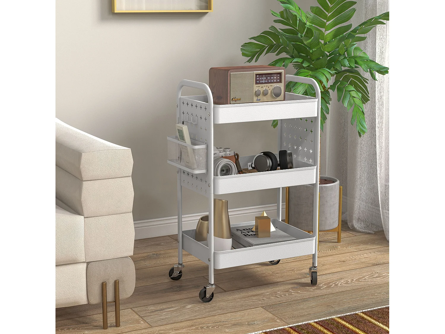 Chariot de service, 3 étagères, 2 paniers suspendus, acier, blanc (53.5x30.5x75 cm)
