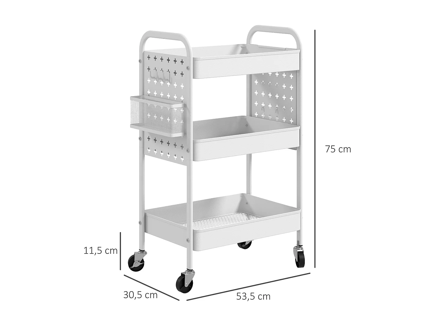 Chariot de service, 3 étagères, 2 paniers suspendus, acier, blanc (53.5x30.5x75 cm)