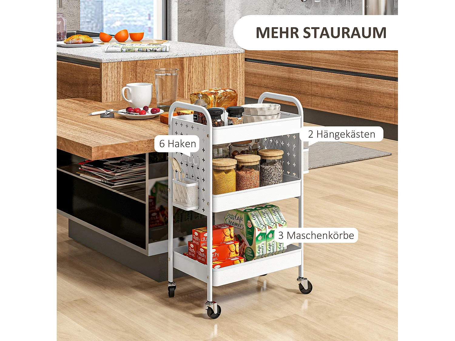 Chariot de service, 3 étagères, 2 paniers suspendus, acier, blanc (53.5x30.5x75 cm)