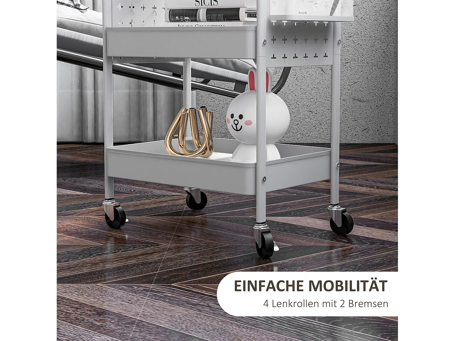 Chariot de service, 3 étagères, 2 paniers suspendus, acier, blanc (53.5x30.5x75 cm)