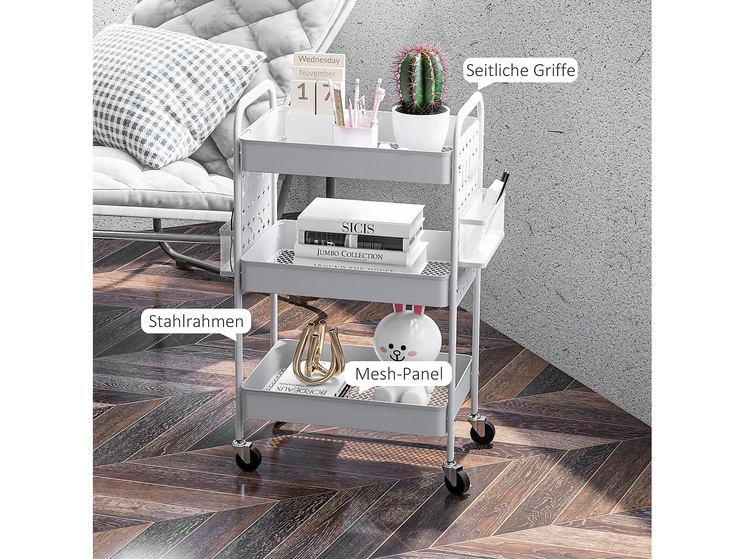 Chariot de service, 3 étagères, 2 paniers suspendus, acier, blanc (53.5x30.5x75 cm)