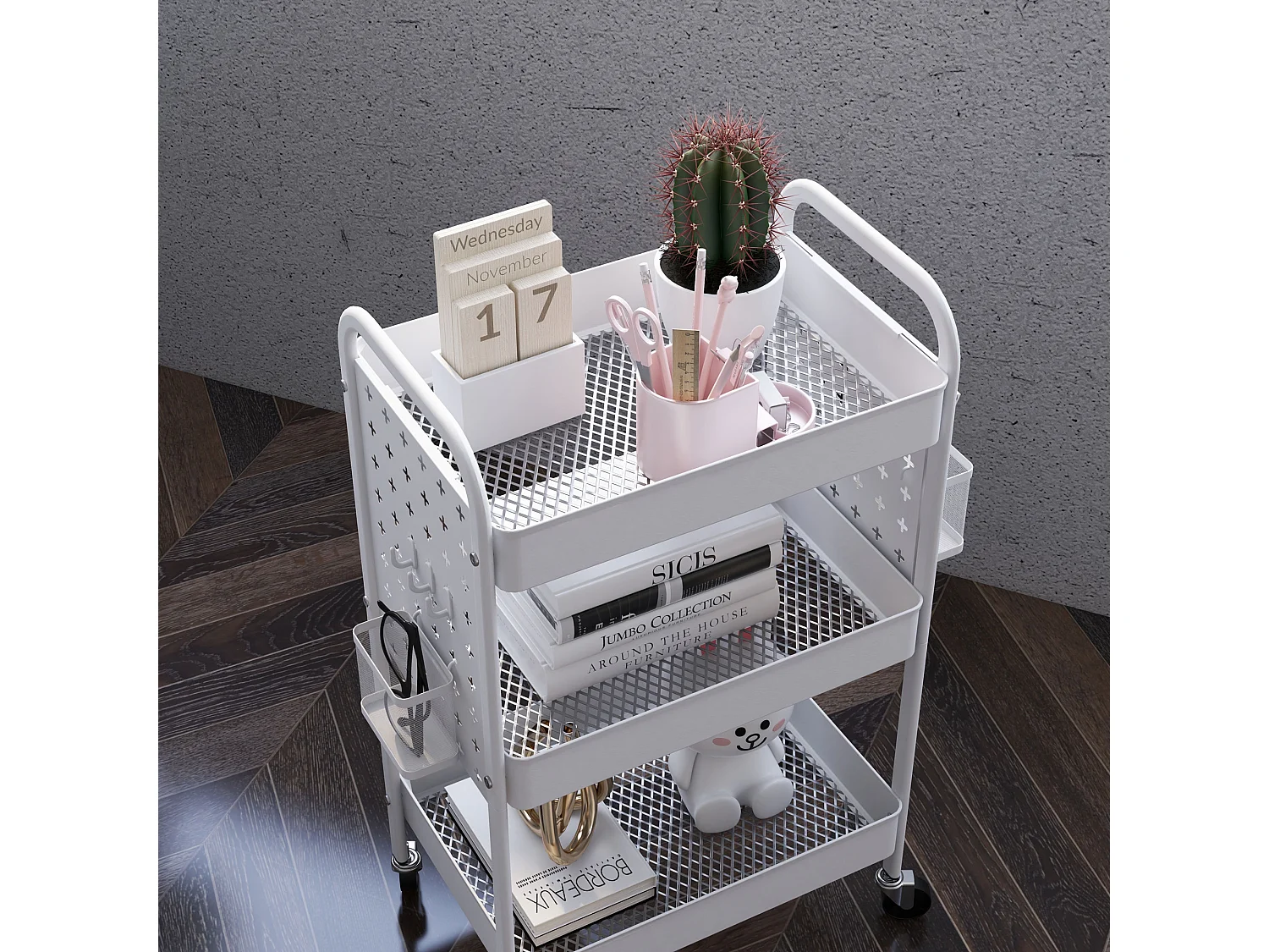 Chariot de service, 3 étagères, 2 paniers suspendus, acier, blanc (53.5x30.5x75 cm)