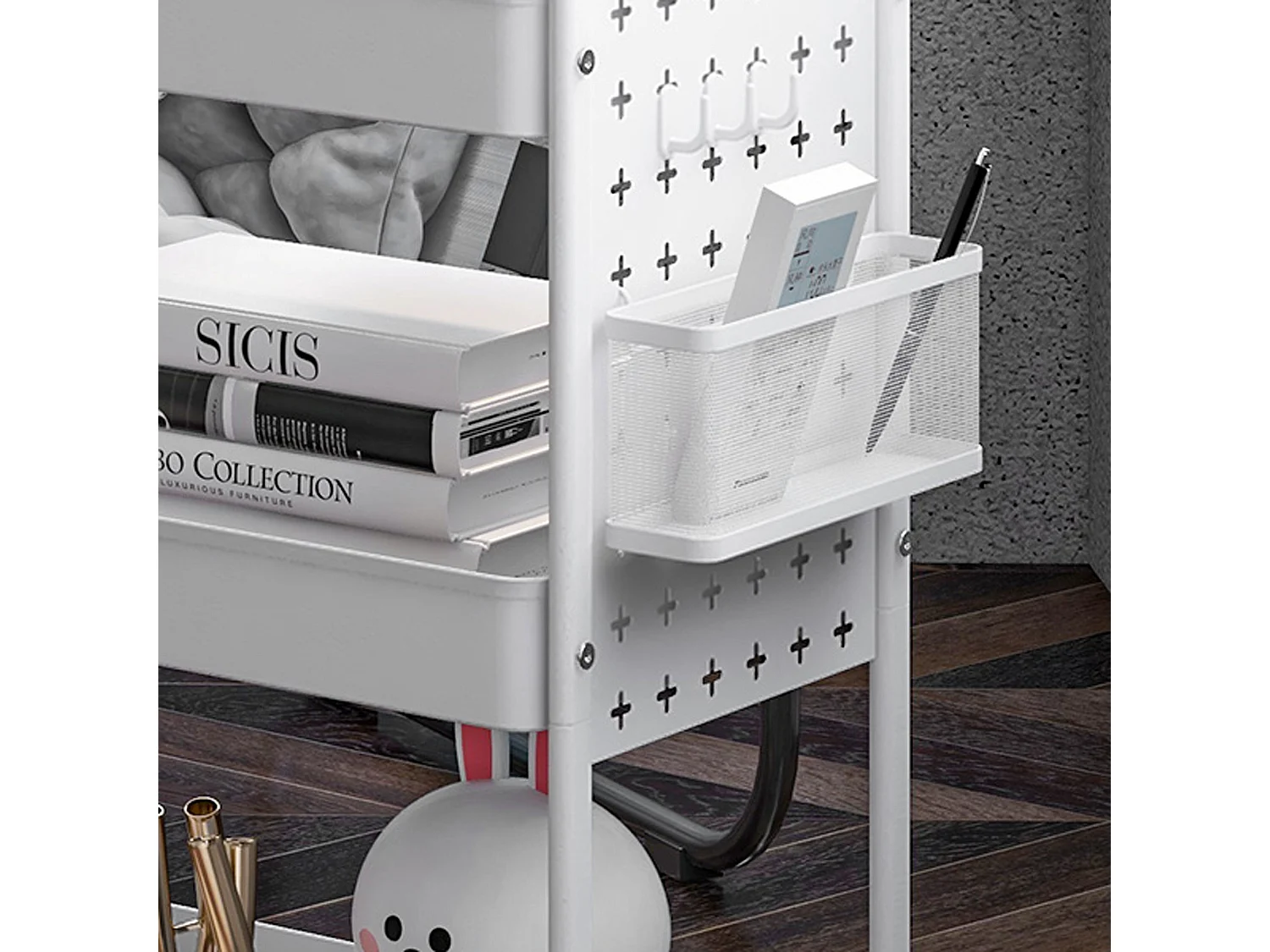 Chariot de service, 3 étagères, 2 paniers suspendus, acier, blanc (53.5x30.5x75 cm)