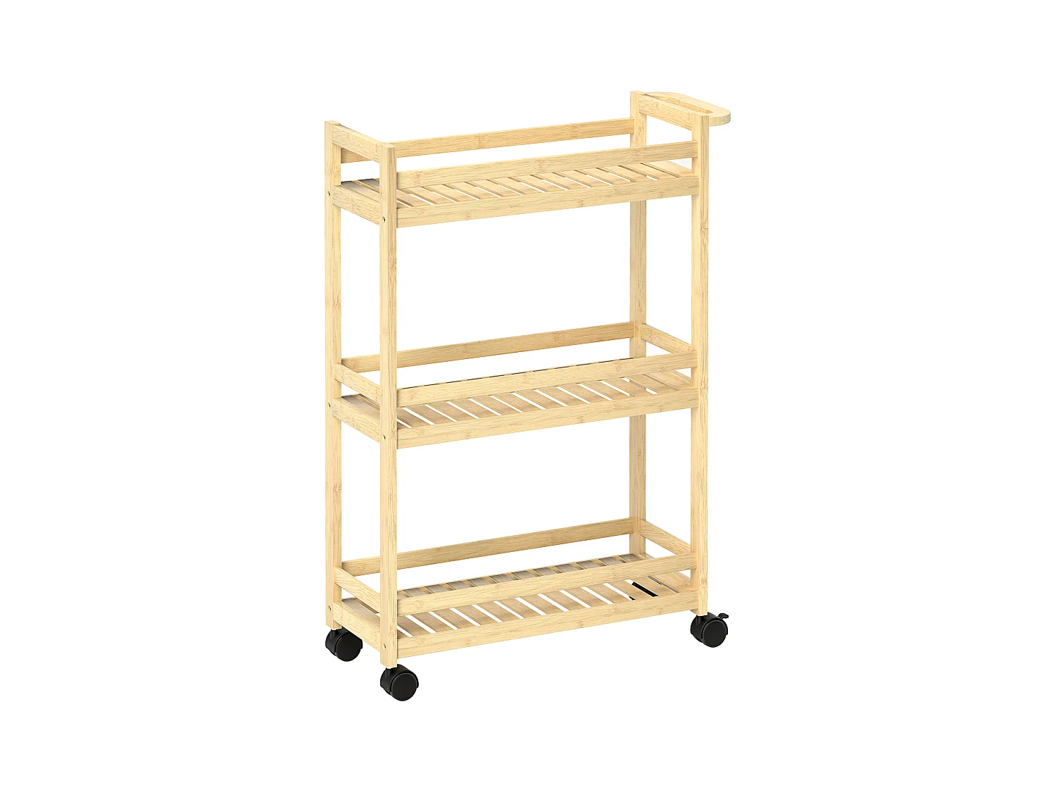 Carrello portaoggetti in bambù, 3 ripiani, con ruote e maniglie, naturale (55x20x75 cm)