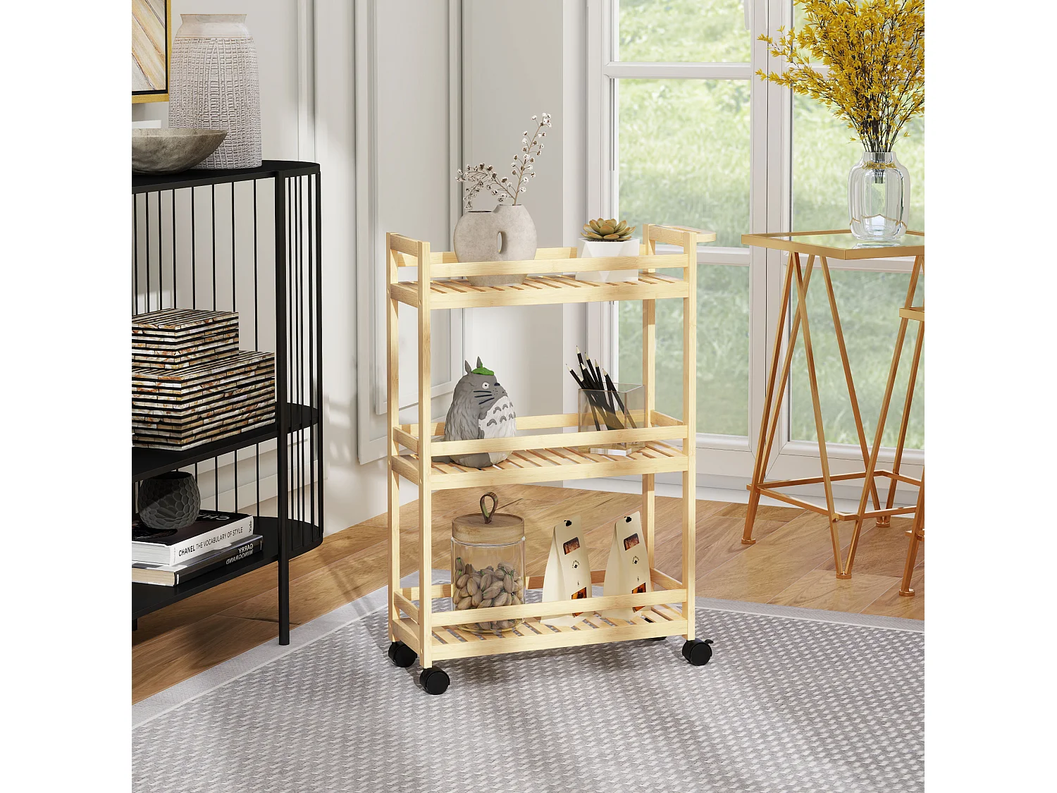 Carrello portaoggetti in bambù, 3 ripiani, con ruote e maniglie, naturale (55x20x75 cm)