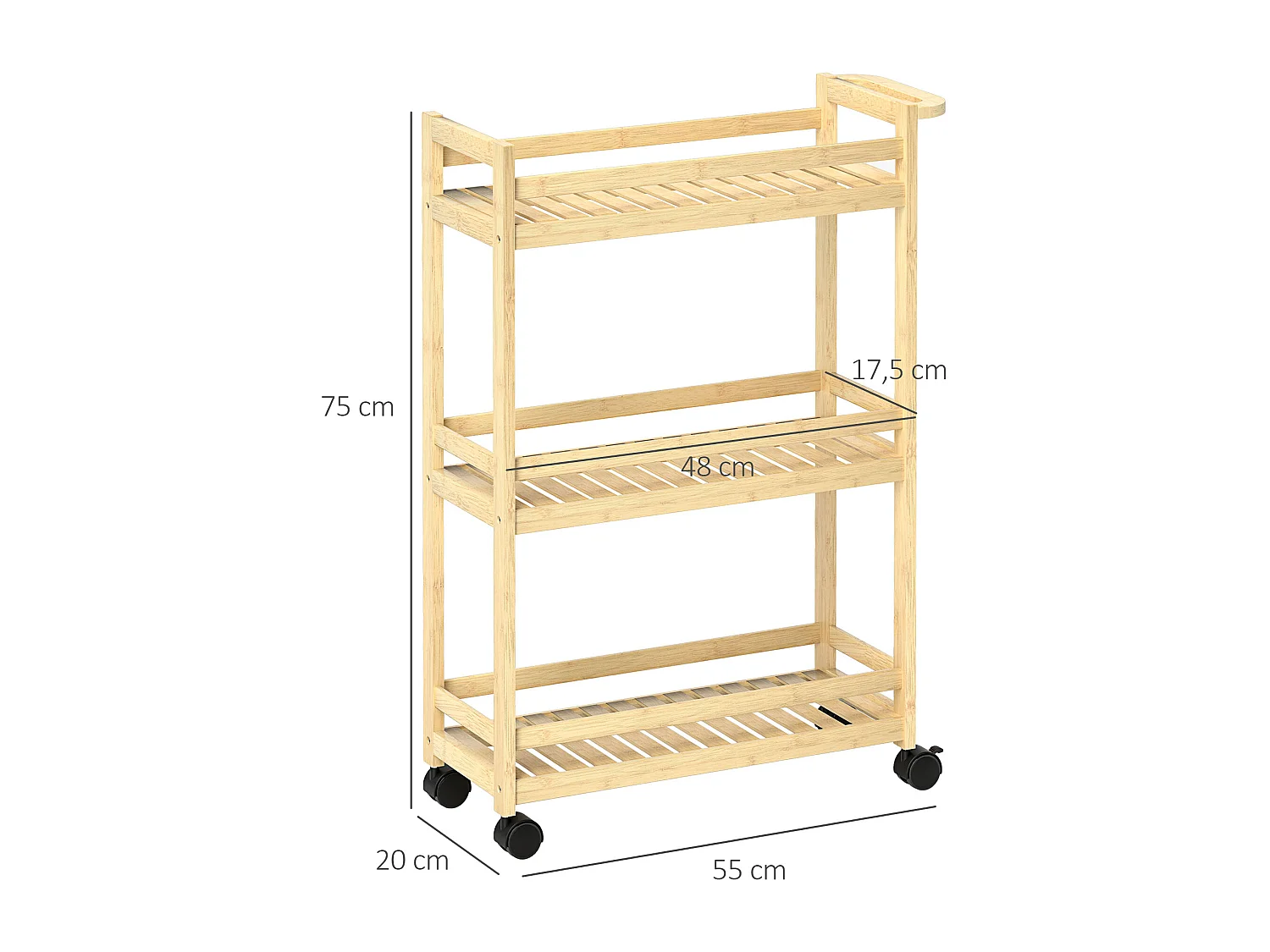 Carrello portaoggetti in bambù, 3 ripiani, con ruote e maniglie, naturale (55x20x75 cm)