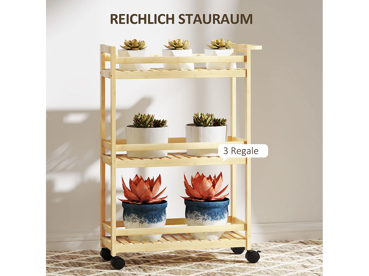 Carrello portaoggetti in bambù, 3 ripiani, con ruote e maniglie, naturale (55x20x75 cm)