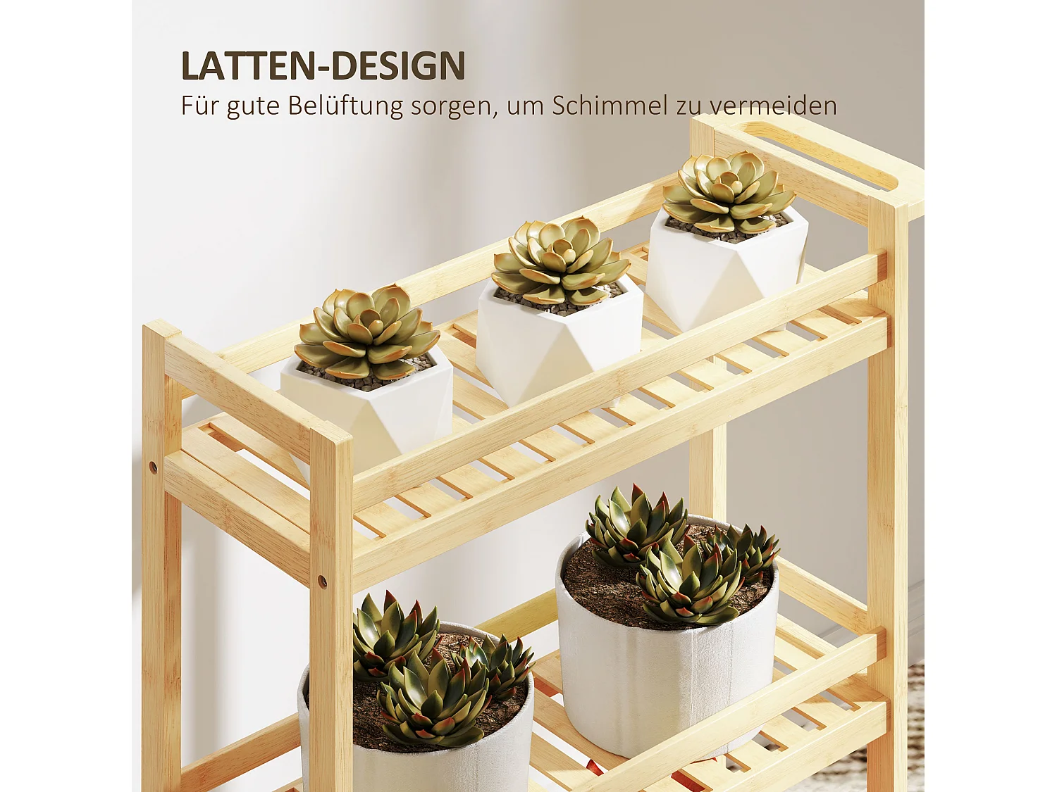 Carrello portaoggetti in bambù, 3 ripiani, con ruote e maniglie, naturale (55x20x75 cm)