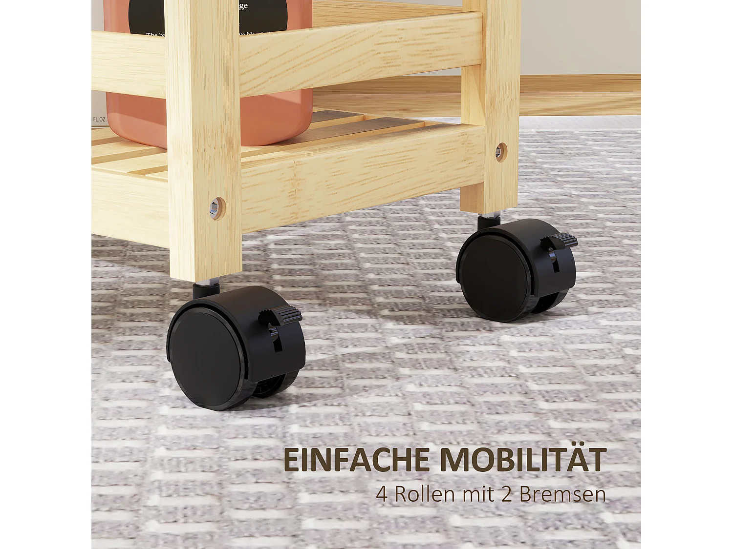 Carrello portaoggetti in bambù, 3 ripiani, con ruote e maniglie, naturale (55x20x75 cm)