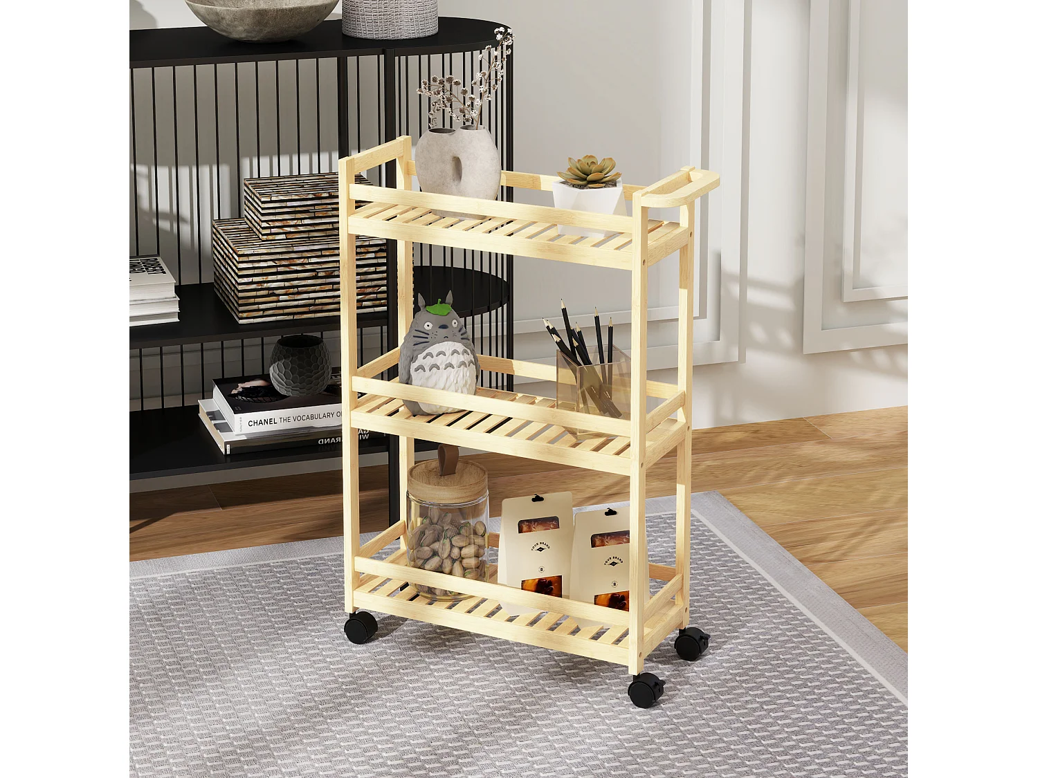 Carrello portaoggetti in bambù, 3 ripiani, con ruote e maniglie, naturale (55x20x75 cm)