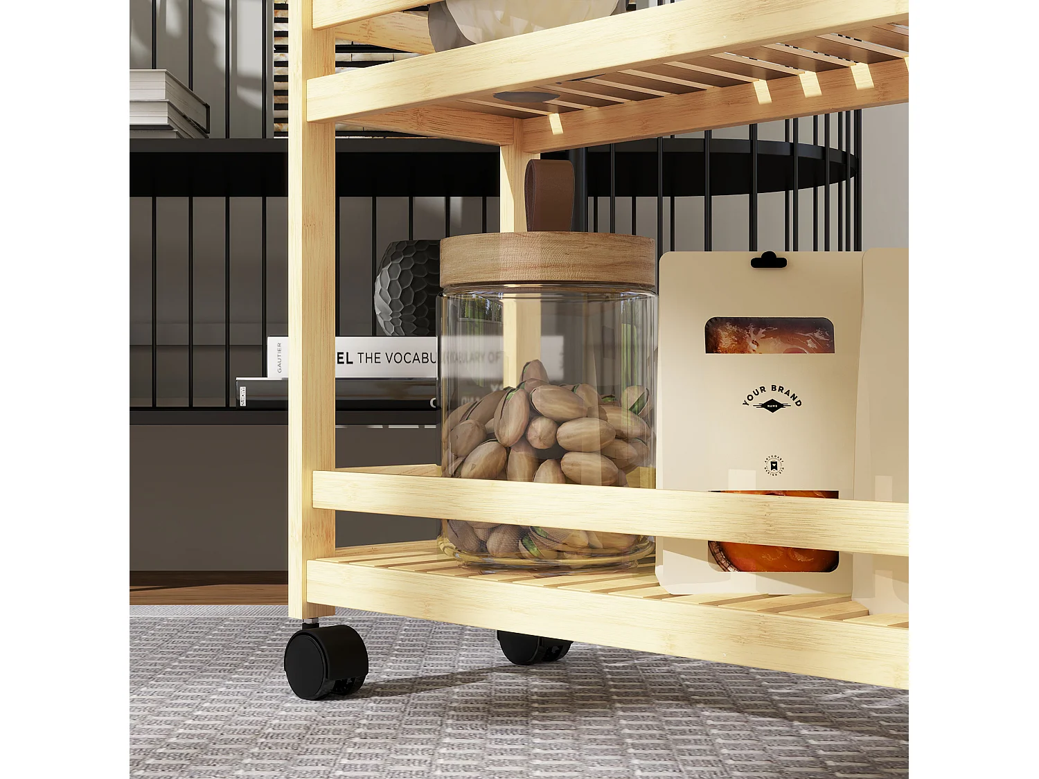 Carrello portaoggetti in bambù, 3 ripiani, con ruote e maniglie, naturale (55x20x75 cm)