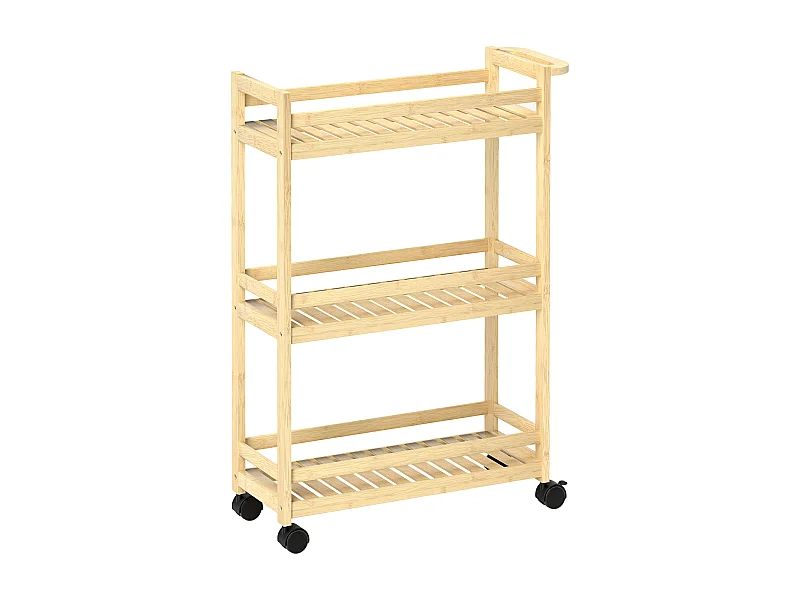 Chariot de rangement en bambou, 3 niveaux, avec roulettes et poignées, naturel (55x20x75 cm)