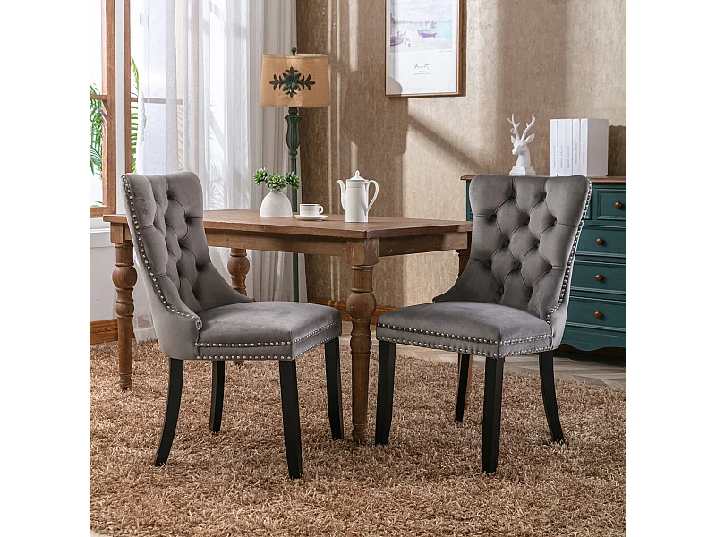 Moderne eetkamerstoel, gestoffeerd, massief hout, houten onderstel, decoratieve klinknagels, fluweel, grijs (65x50x95 cm)